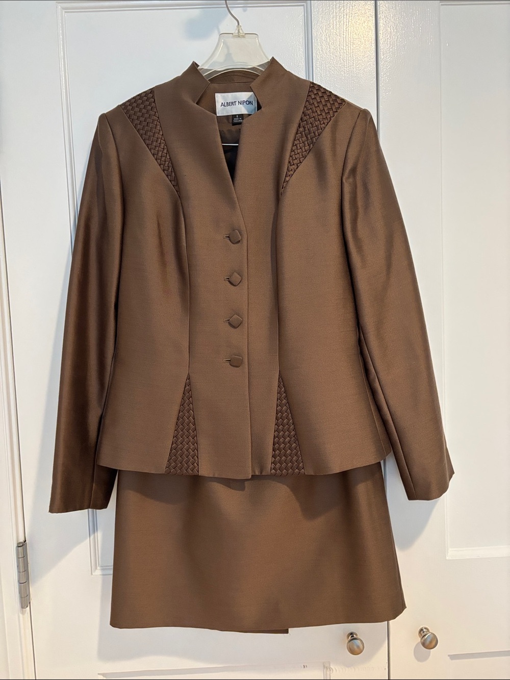 Albert Nipon Bronze Wool & Silk Skirt Suit – Woven Trim Detail